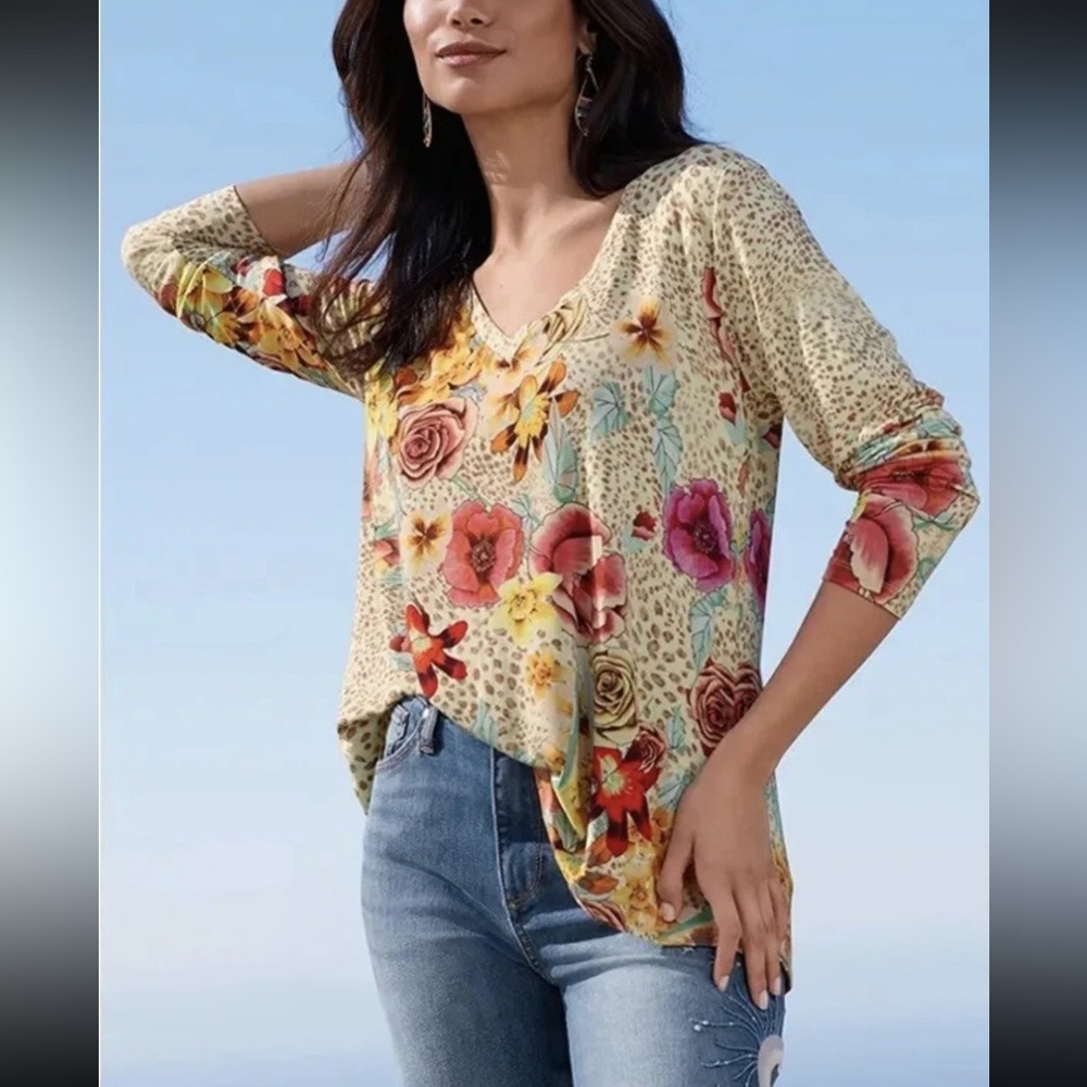 Johnny Was Hera Favorite Tee Large Floral Leopard Print Long Sleeve Buttercup